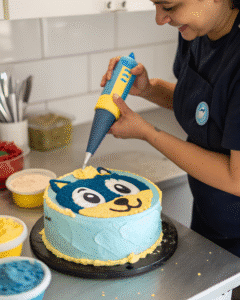 piping buttercream onto bluey cake