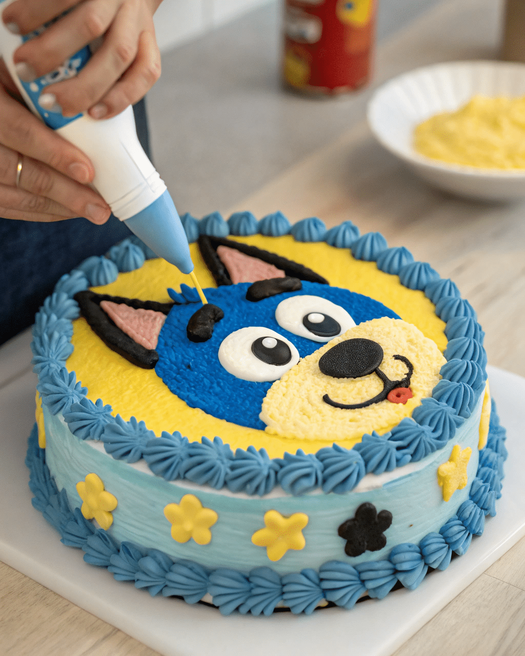 piping buttercream onto bluey cake