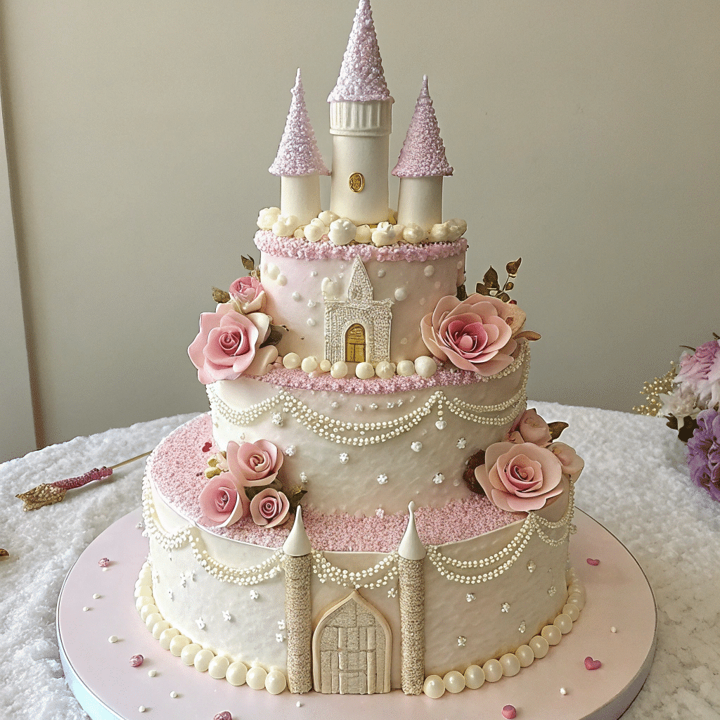 Elegant three-tiered princess castle cake adorned with pink roses, pearl details, and delicate white piping, topped with fondant towers.