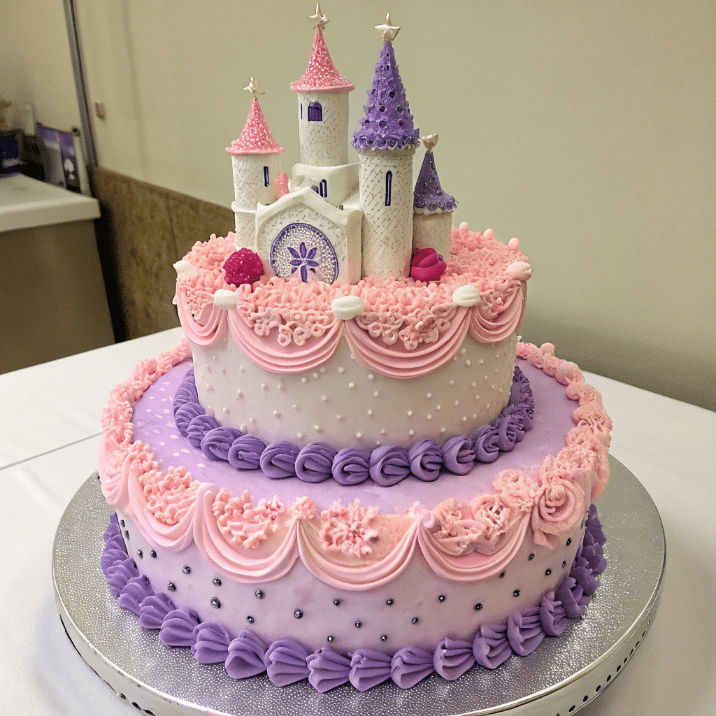 Two-tiered princess castle cake decorated in pink and purple with intricate piping and fondant towers, topped with golden stars.