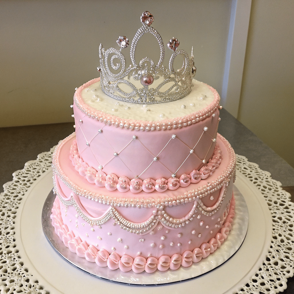 Two-tiered pink princess cake with quilted fondant, pearl accents, and a sparkling silver tiara on top.
