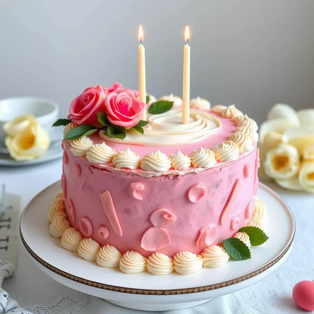 Elegant pink birthday cake with cream piping, fresh roses, and two lit candles on a white cake stand, surrounded by cream roses.