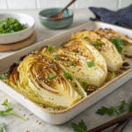 Roasted napa cabbage wedges arranged in a baking dish, garnished with sesame seeds and parsley, ready to serve.