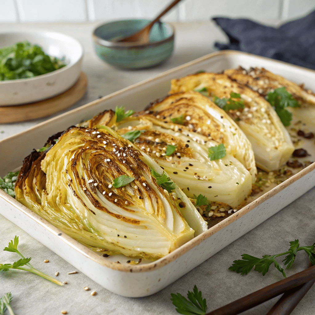 Roasted napa cabbage wedges arranged in a baking dish, garnished with sesame seeds and parsley, ready to serve.
