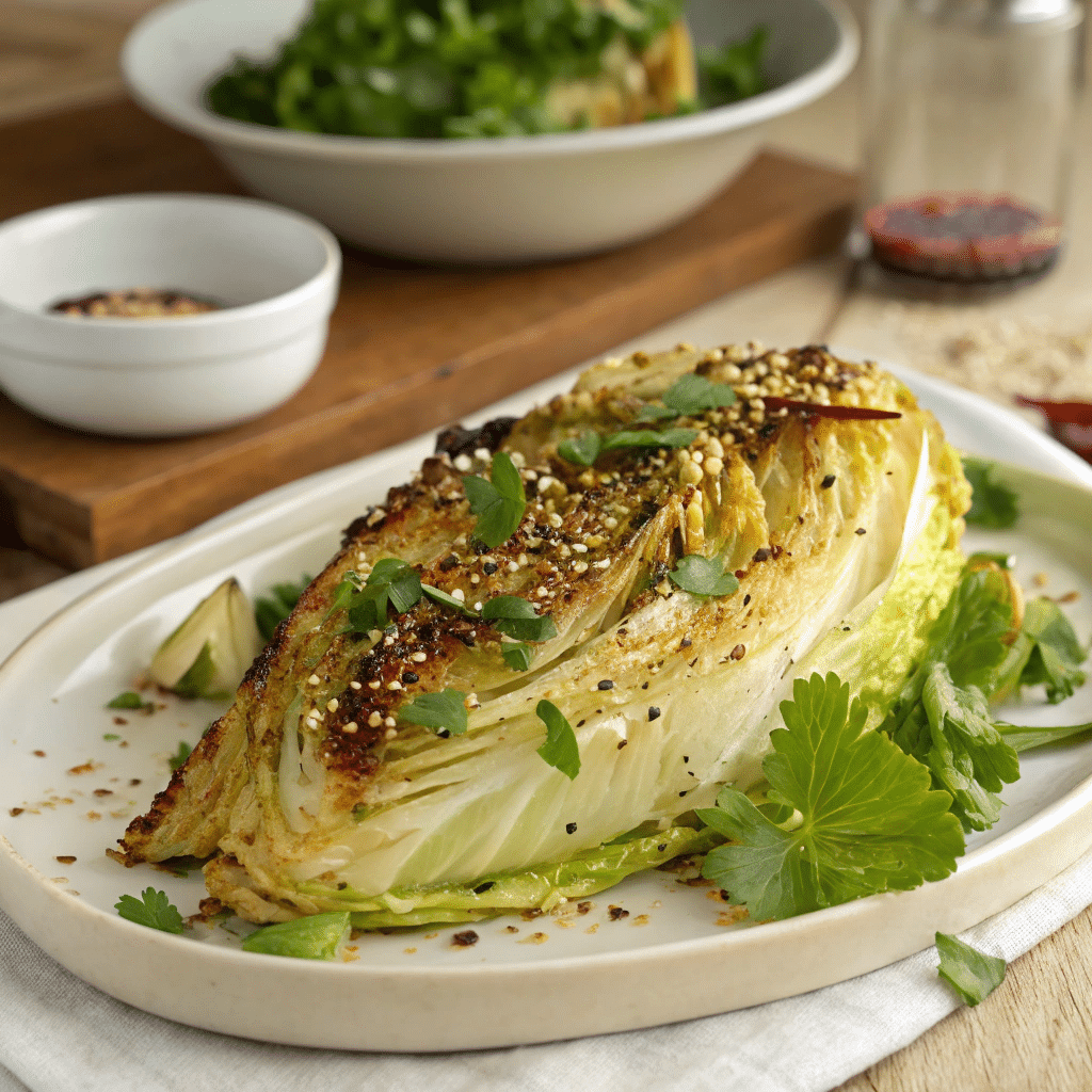 Roasted napa cabbage wedge with a caramelized surface, garnished with sesame seeds and fresh herbs, served on a white plate.