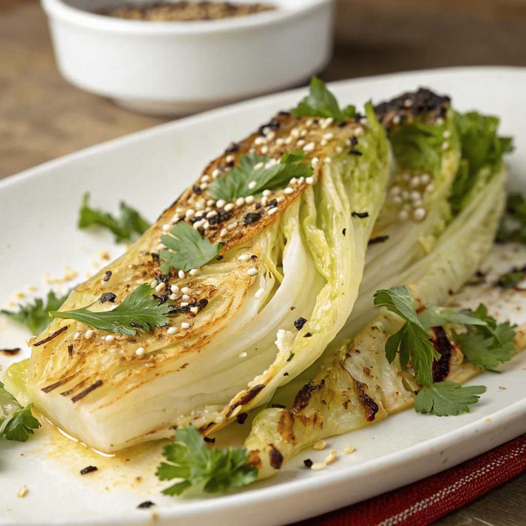 Close-up of roasted napa cabbage wedge with golden edges, sprinkled with sesame seeds and parsley, served on a rectangular plate.