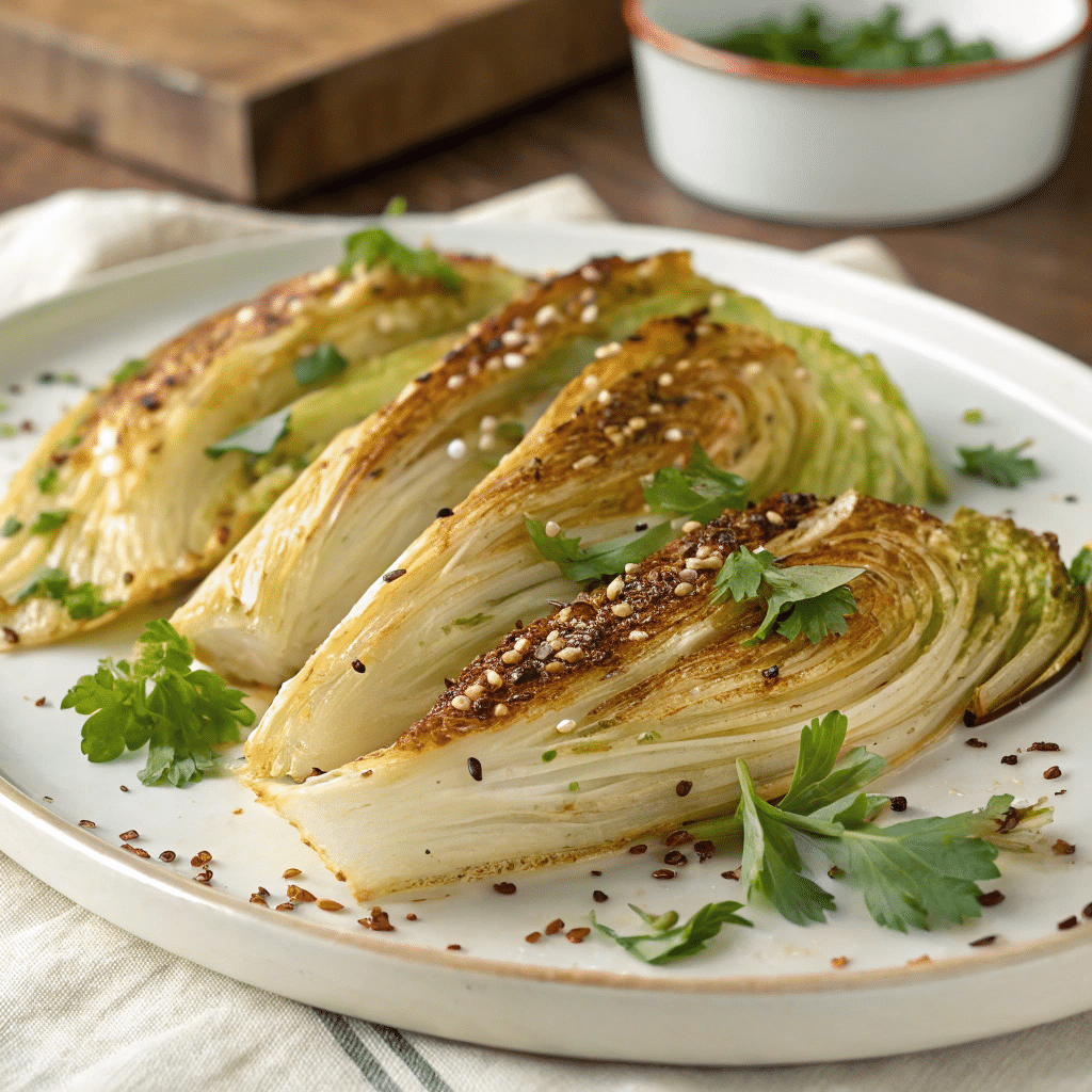 Roasted napa cabbage wedges garnished with sesame seeds and fresh parsley, served on a white plate.