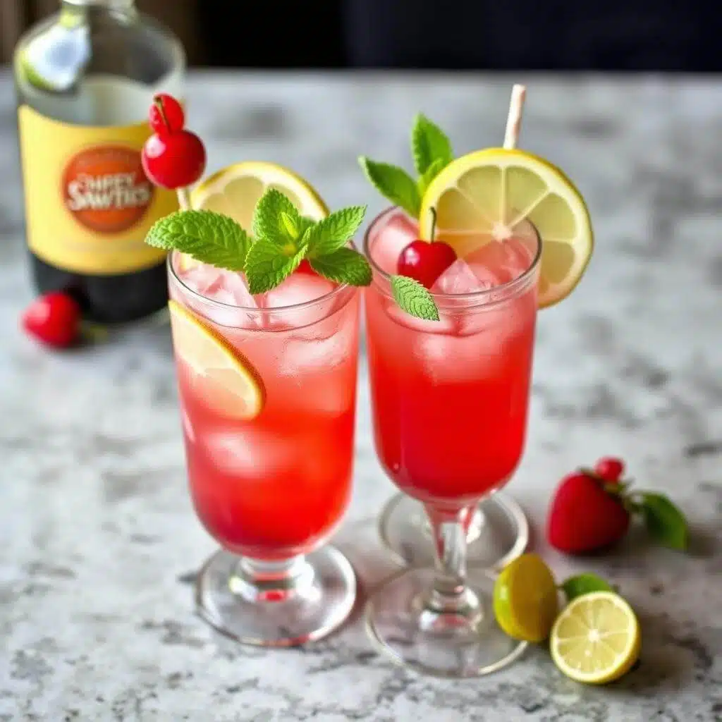 Two Shirley Temple mocktails in tall glasses with ice, garnished with maraschino cherries, fresh mint leaves, and lemon slices, with a bottle of grenadine syrup in the background on a marble countertop.