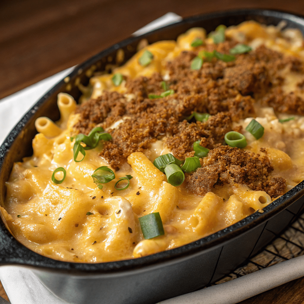 Smoked mac and cheese in a black oval dish, topped with a golden breadcrumb crust and sliced green onions, set on a white napkin.