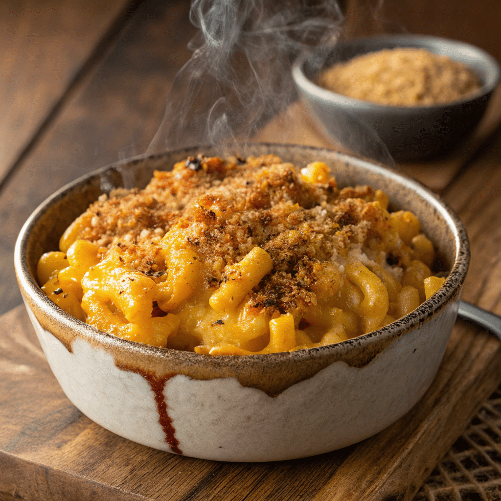 Bowl of smoked mac and cheese with a crispy breadcrumb topping, served steaming hot in a rustic ceramic bowl on a wooden board.