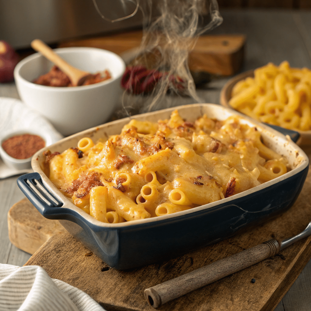 Steaming smoked mac and cheese in a blue baking dish, featuring creamy cheese sauce , with dry pasta and spices in the background.