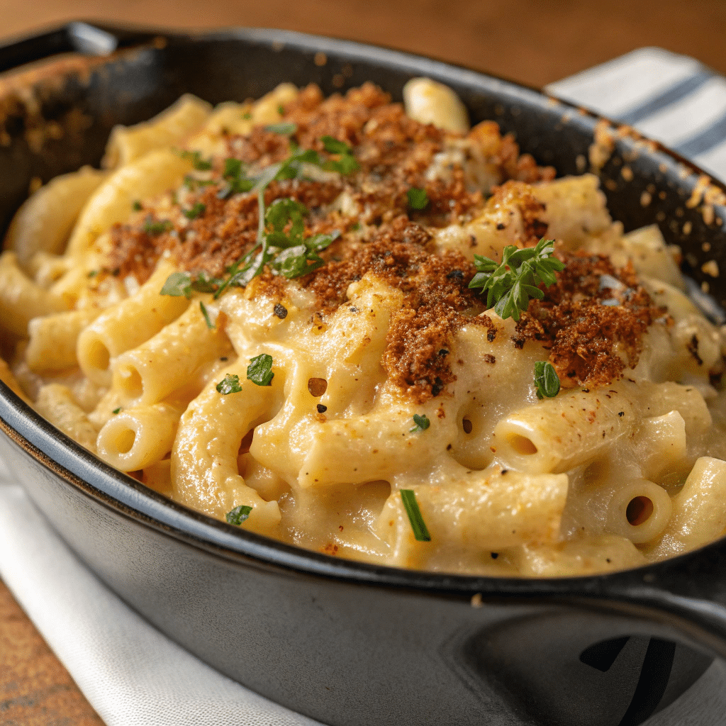 Smoked mac and cheese in a black baking dish, garnished with chopped parsley and golden breadcrumbs, on a striped napkin.