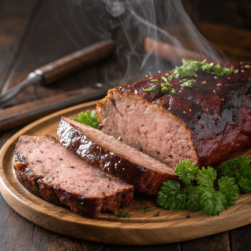 Steaming smoked meatloaf with a glossy exterior, garnished with chopped parsley and served on a wooden board.