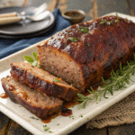 Smoked meatloaf garnished with fresh herbs, sliced on a rectangular platter with rosemary sprigs and a glossy barbecue glaze.