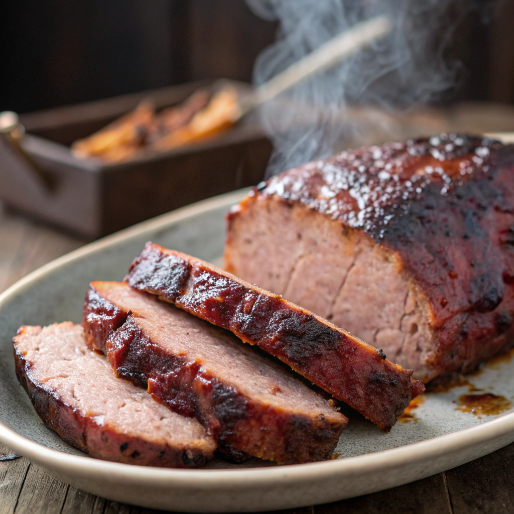 Sliced smoked meatloaf with a caramelized, smoky crust and juicy interior, served steaming on a ceramic platter.