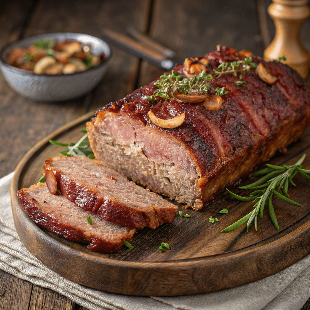 Smoked meatloaf, topped with roasted garlic and herbs, sliced and served on a wooden platter with rosemary.