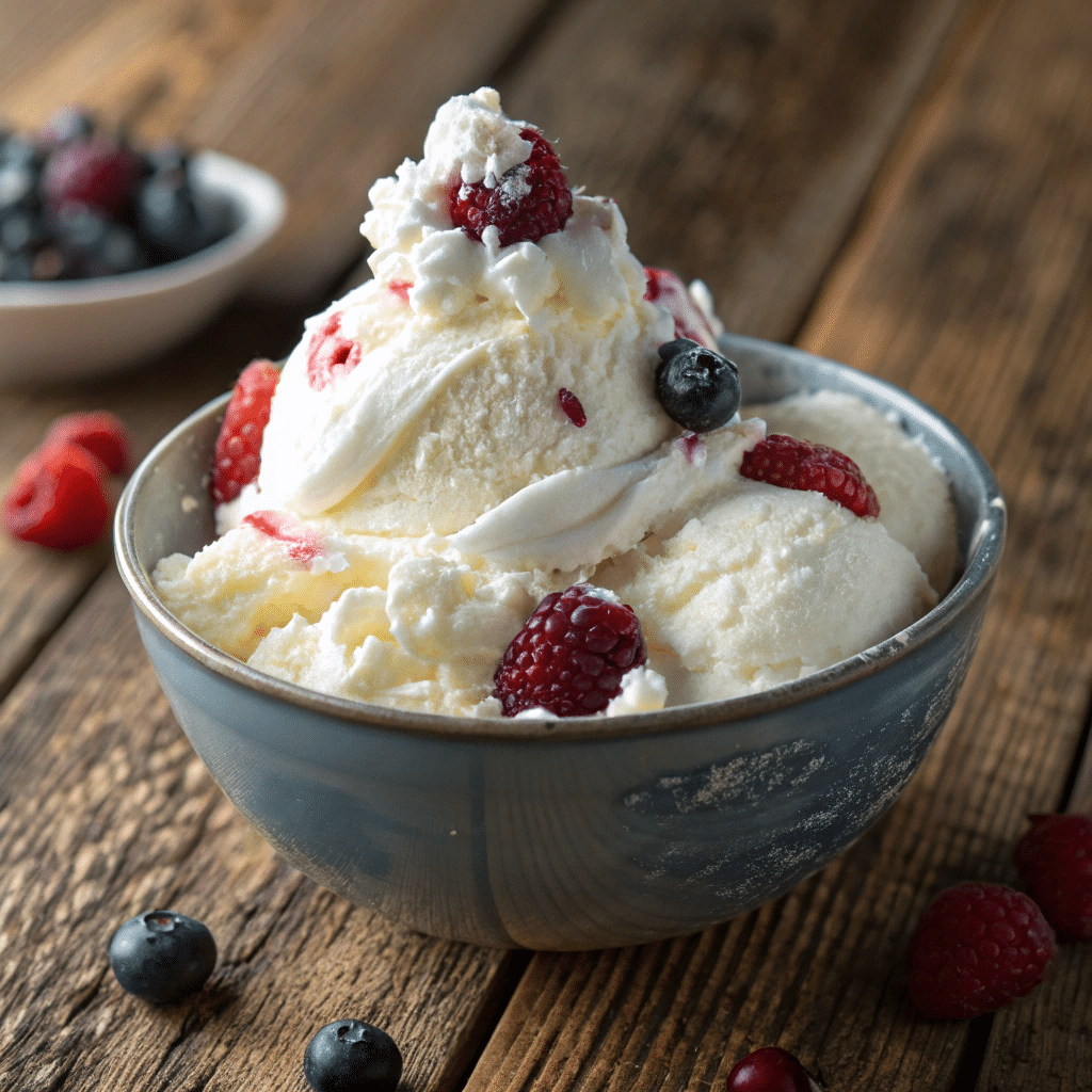 Bowl of snow cream garnished with fresh raspberries, blueberries, and a swirl of whipped cream, served in a blue bowl on a rustic wooden table.