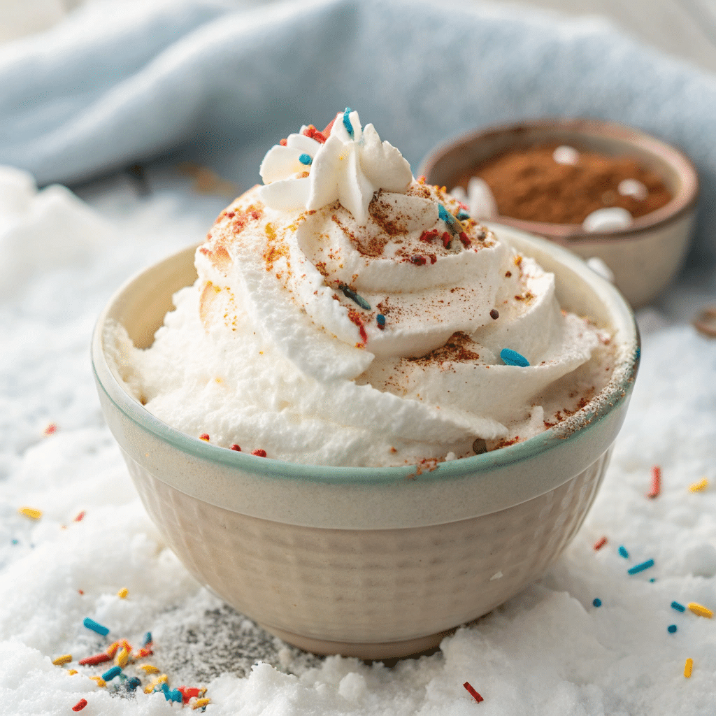 Bowl of snow cream with whipped cream, cinnamon, and colorful sprinkles, surrounded by snow and a bowl of cocoa powder.