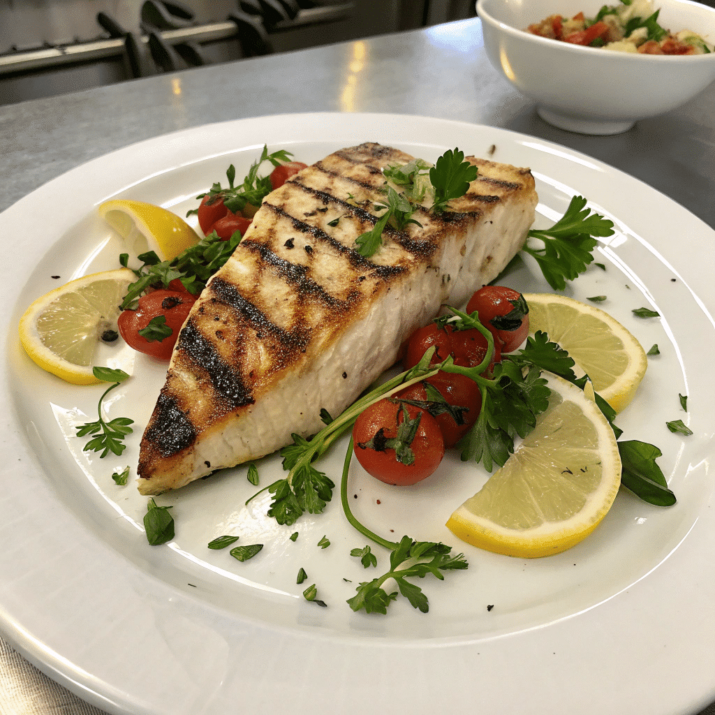 A triangular-shaped grilled swordfish steak, adorned with fresh parsley and lemon slices, presented with roasted cherry tomatoes on a white plate.