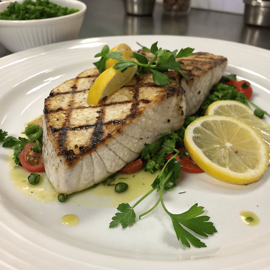A perfectly grilled swordfish steak, garnished with fresh parsley and lemon slices, served over a bed of green vegetables and cherry tomatoes, with a light dressing drizzled on the plate.