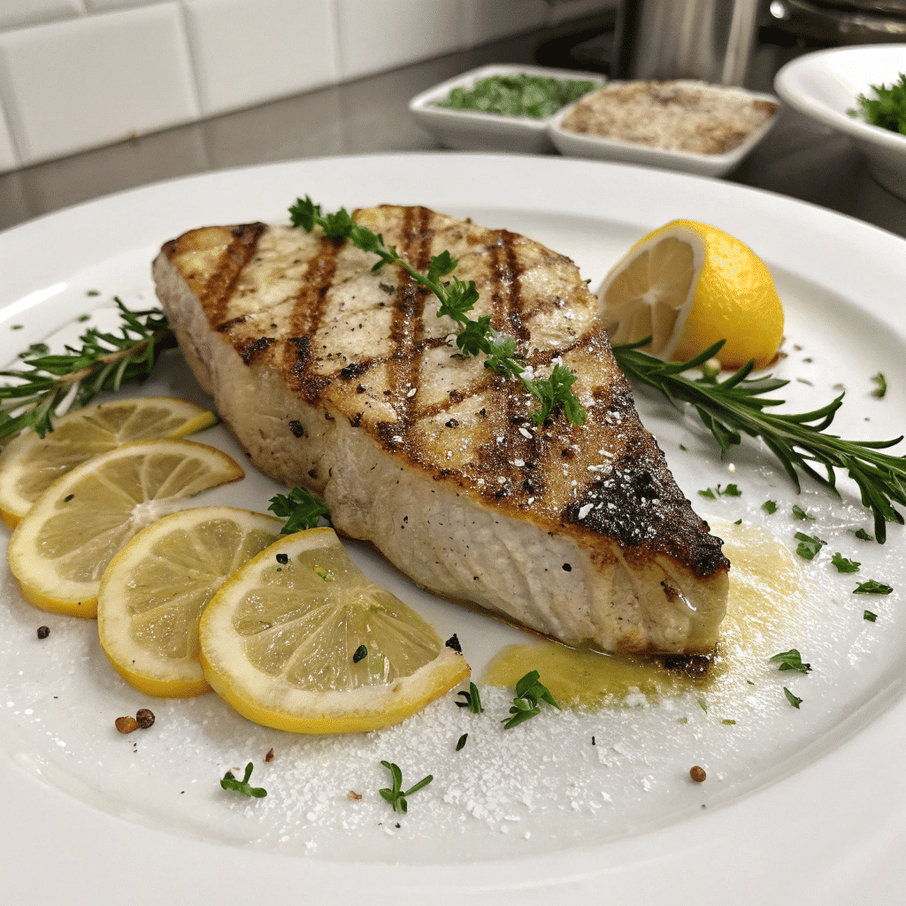 A thick cut of grilled swordfish, seasoned with herbs and spices, accompanied by fresh lemon slices and sprigs of rosemary on a white plate.