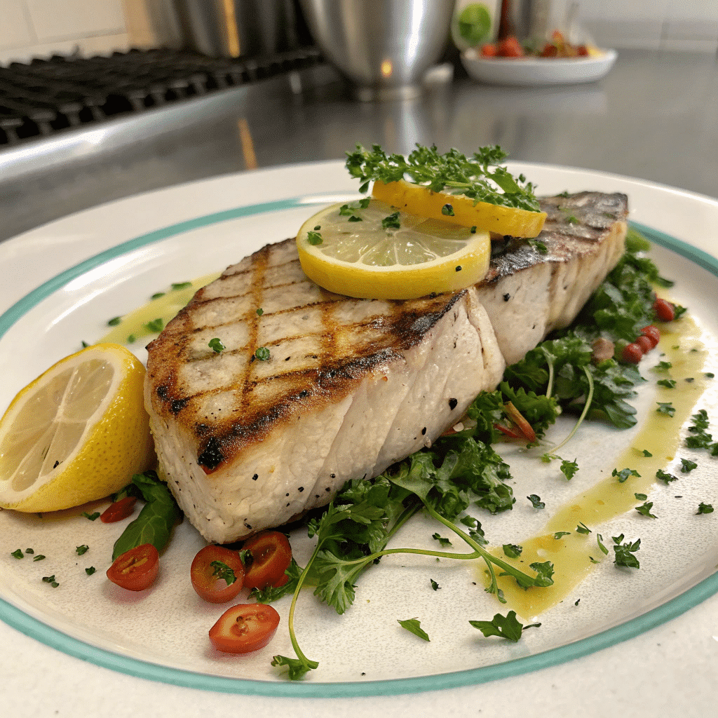 A perfectly grilled swordfish steak, garnished with fresh parsley and lemon slices, served over a bed of green vegetables and cherry tomatoes, with a light dressing drizzled on the plate.