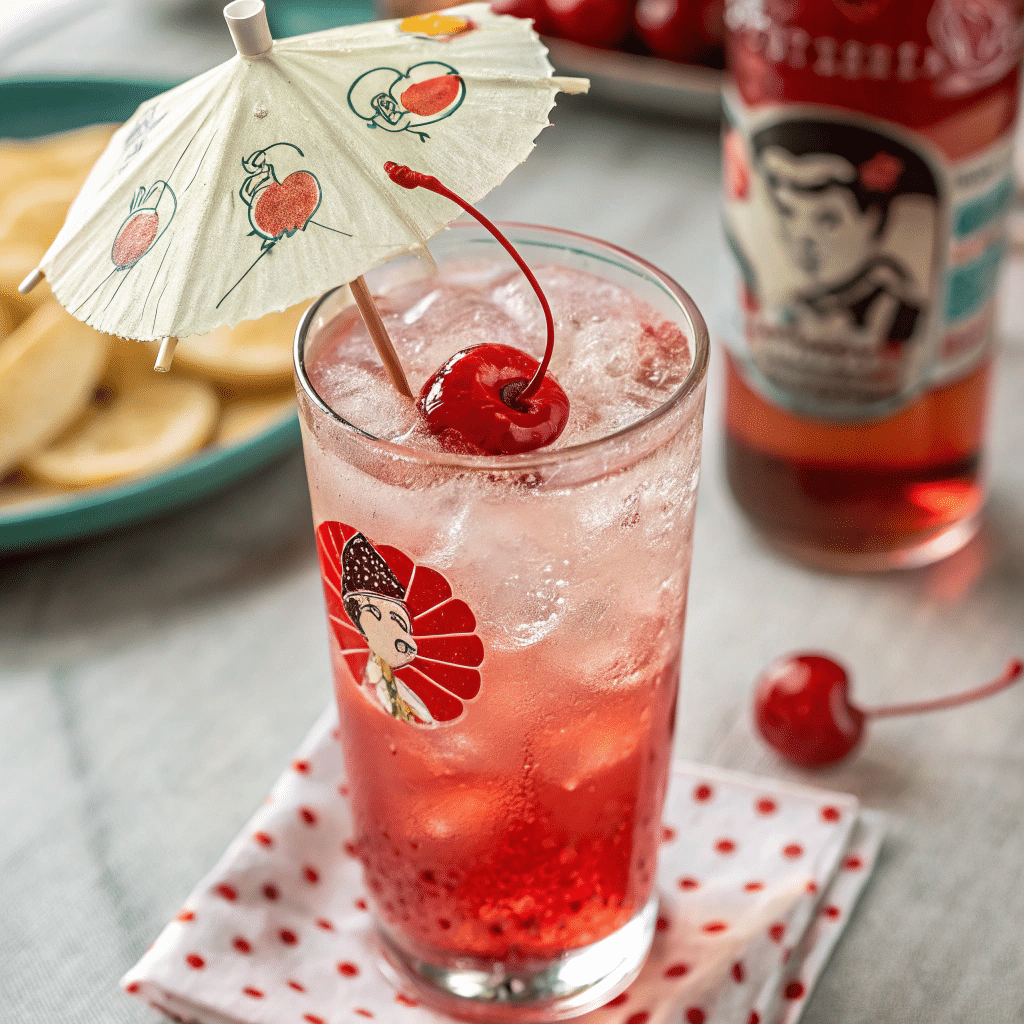 Shirley Temple mocktail in a tall glass with ice, a maraschino cherry, and a decorative umbrella, set on a polka-dot napkin.
