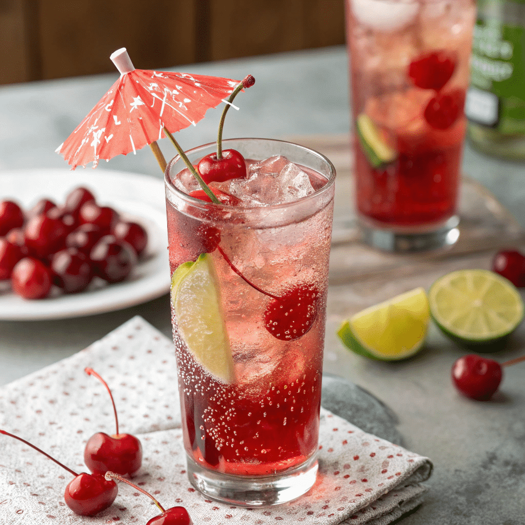 Two Shirley Temple drinks with ice, maraschino cherries, lime wedges, and pink umbrellas, with fresh cherries and limes in the background.