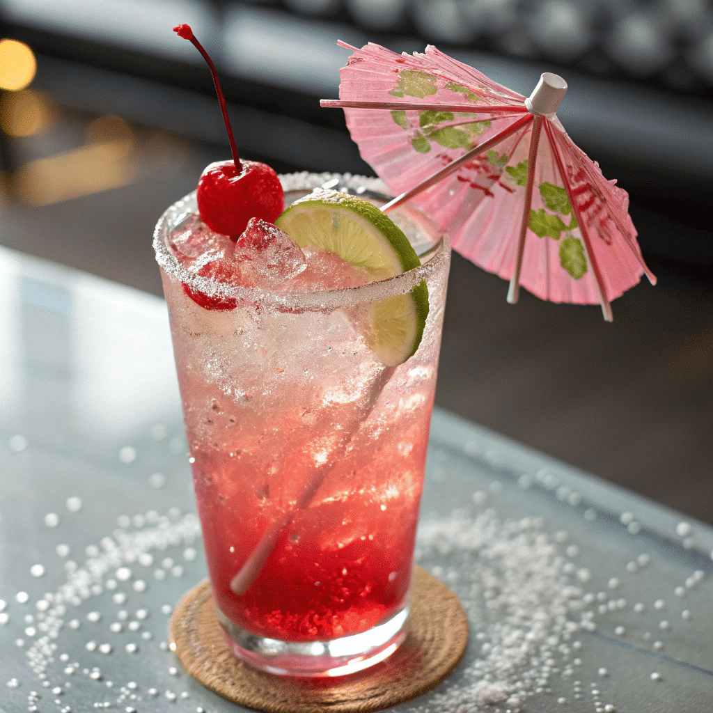 A Shirley Temple mocktail with ice, maraschino cherries, lime slices, and a pink cocktail umbrella in a sugar-rimmed glass.