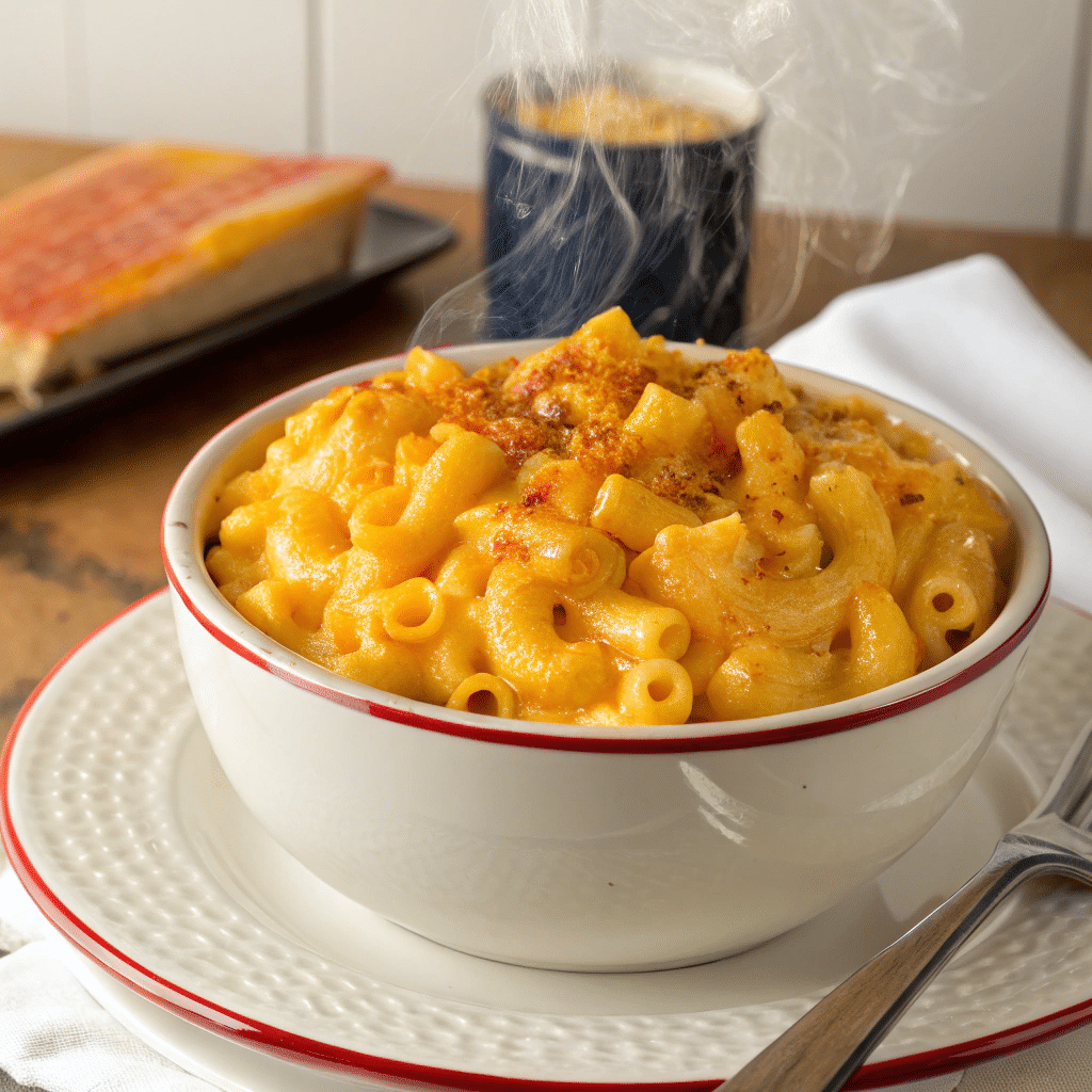 Close-up of Tini’s Mac and Cheese in a speckled bowl, featuring golden baked cheese crust and fresh chopped herbs on top.