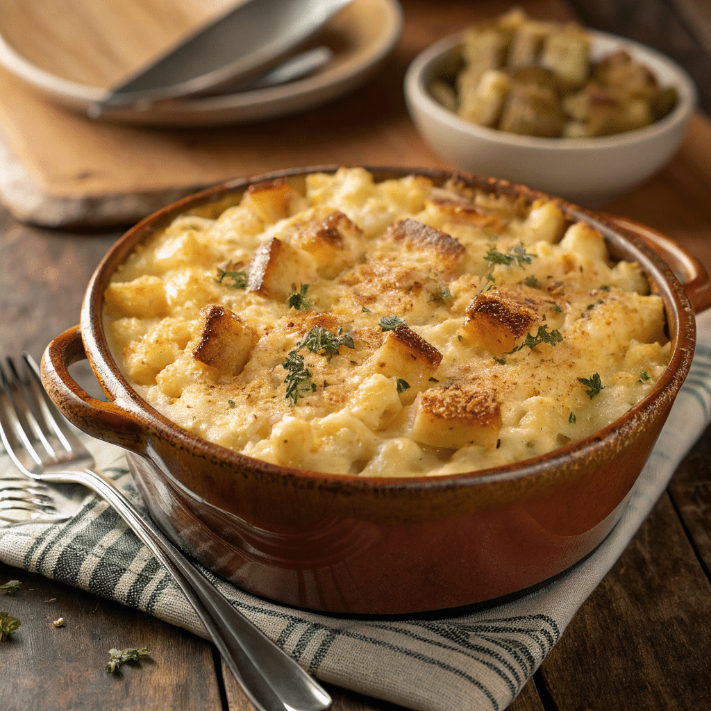 Casserole dish of Tini’s Mac and Cheese with toasted bread cubes and fresh thyme, baked to a bubbly golden finish.