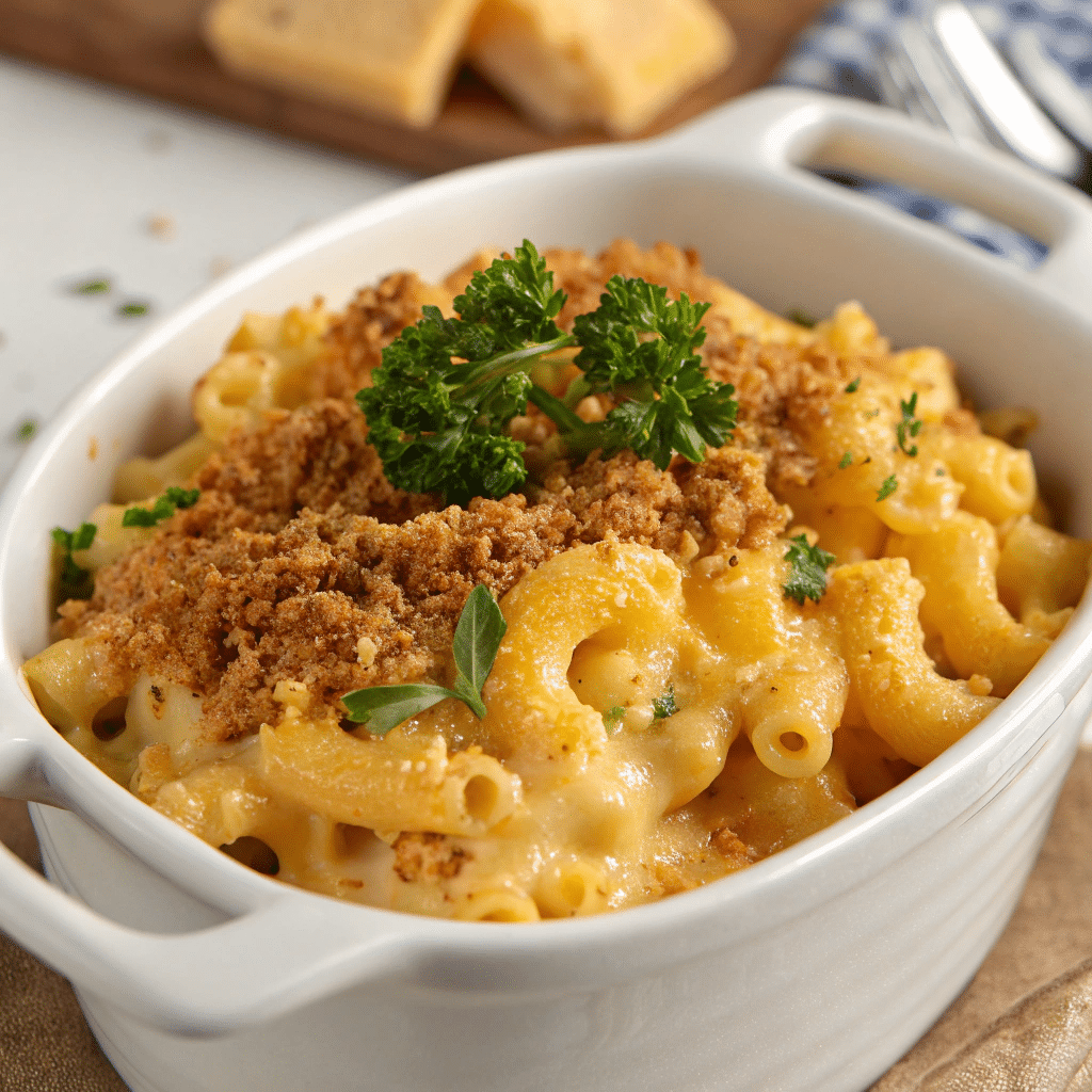 Individual serving of Tini’s Mac and Cheese in a white ramekin, topped with golden breadcrumbs and parsley