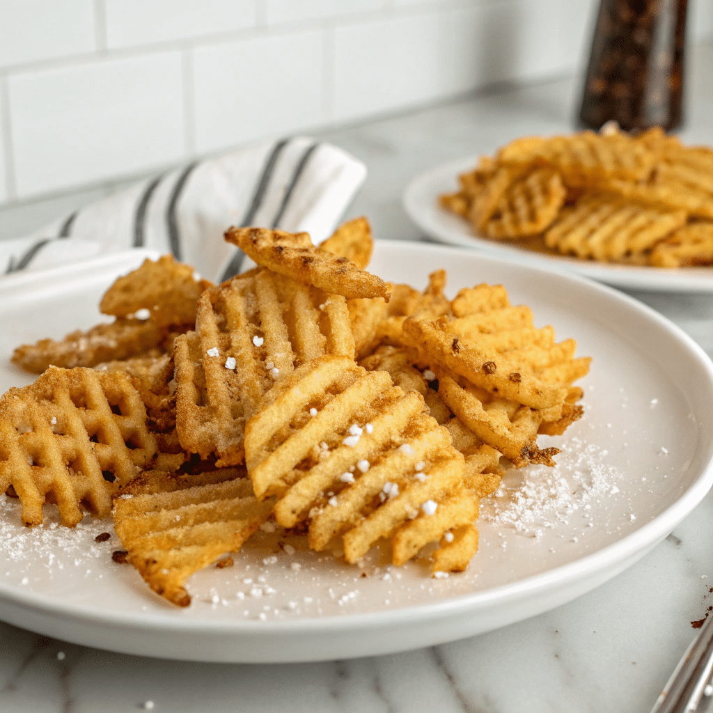Chick-fil-A waffle fries served on a white plate, lightly dusted with salt, with extra fries in the background.