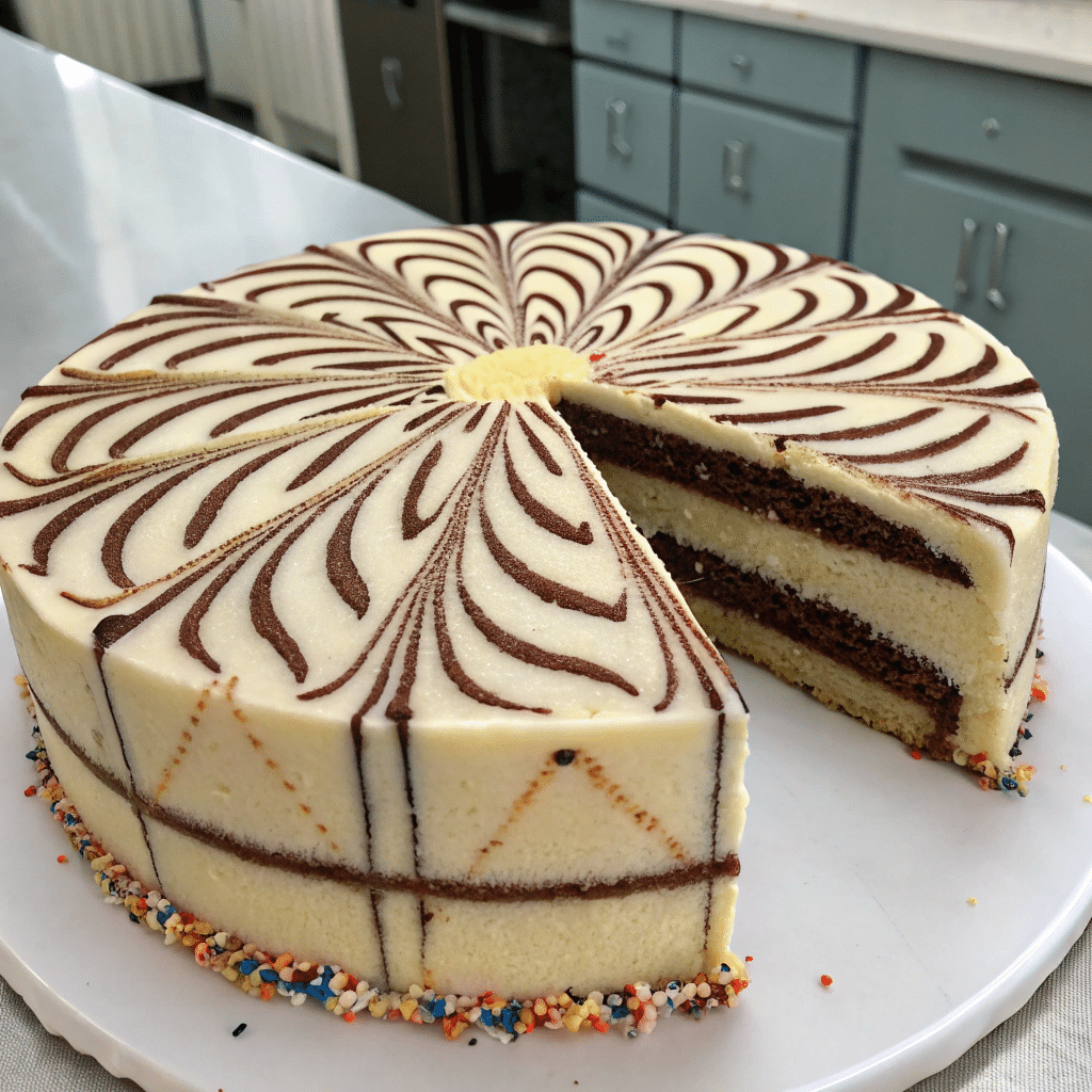 Whole round zebra cake with chocolate and vanilla marbled pattern, decorated with colorful sprinkles at the base and a slice removed to show the layers.