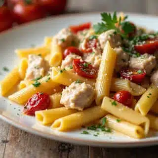 A plate of Marry Me Chicken Pasta with penne, tender chicken pieces, cherry tomatoes, and fresh parsley garnish.