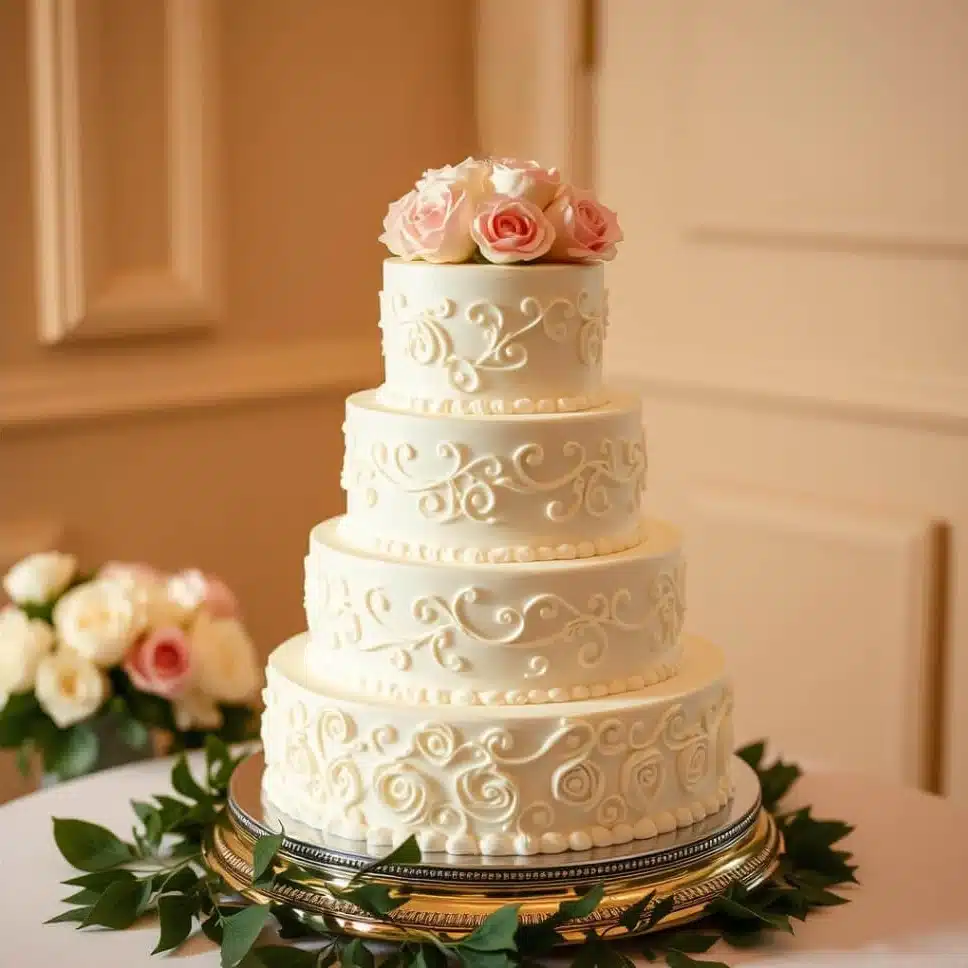 Four-tier ivory wedding cake with pink rose bouquet topper and ornate piped designs