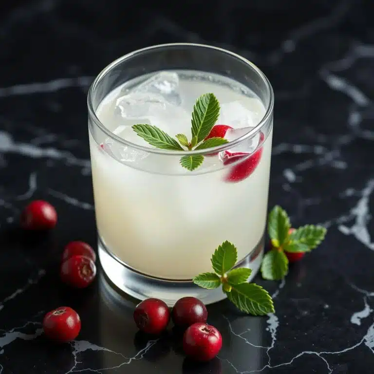 A glass of white cranberry juice with ice cubes, garnished with fresh cranberries and mint leaves, placed on a black marble surface.