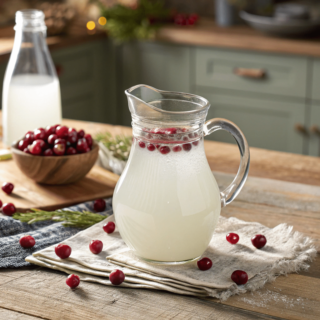 White cranberry juice in glass pitcher with fresh white cranberries