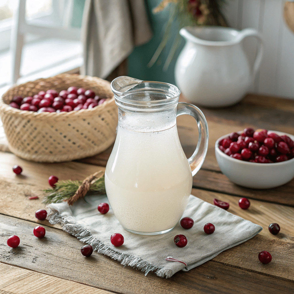 White cranberry juice in glass pitcher with fresh white cranberries