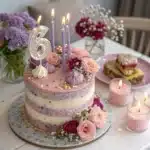 Pink and white striped anniversary cake decorated with fresh roses, meringues, and a glittery number 6 candle, surrounded by flowers and candles.