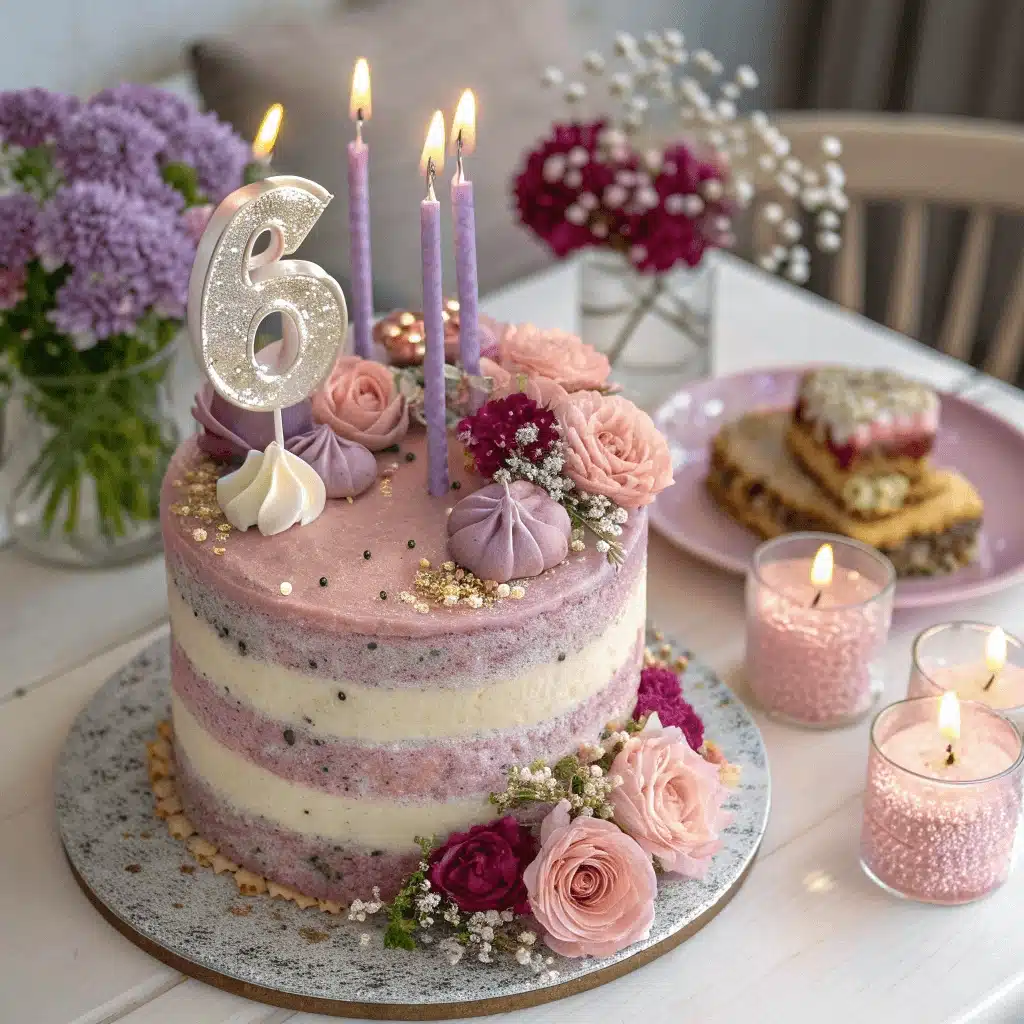 Pink and white striped anniversary cake decorated with fresh roses, meringues, and a glittery number 6 candle, surrounded by flowers and candles.