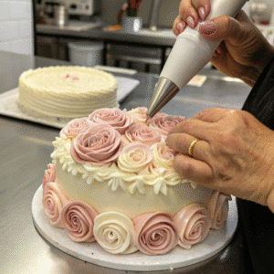 Decorating anniversary cake with piped buttercream roses