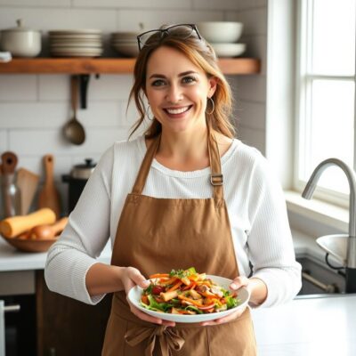 Woman in a brown apron holding a plate of colorful fresh salad in a cozy kitchen.