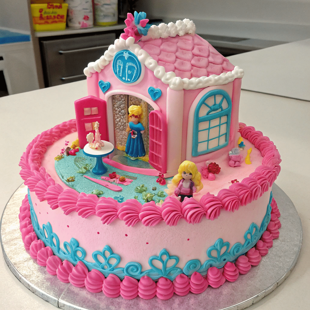 Barbie house cake with a pink roof, blue windows, and fondant Barbie figures, detailed with piped pink and blue borders and playful decorations.