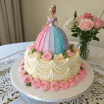 Barbie doll cake with a multicolored fondant gown in pink, lavender, and blue, decorated with piped pearls and surrounded by pink rosettes and flowers on a white cake.