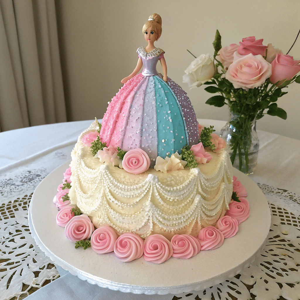 Barbie doll cake with a multicolored fondant gown in pink, lavender, and blue, decorated with piped pearls and surrounded by pink rosettes and flowers on a white cake.
