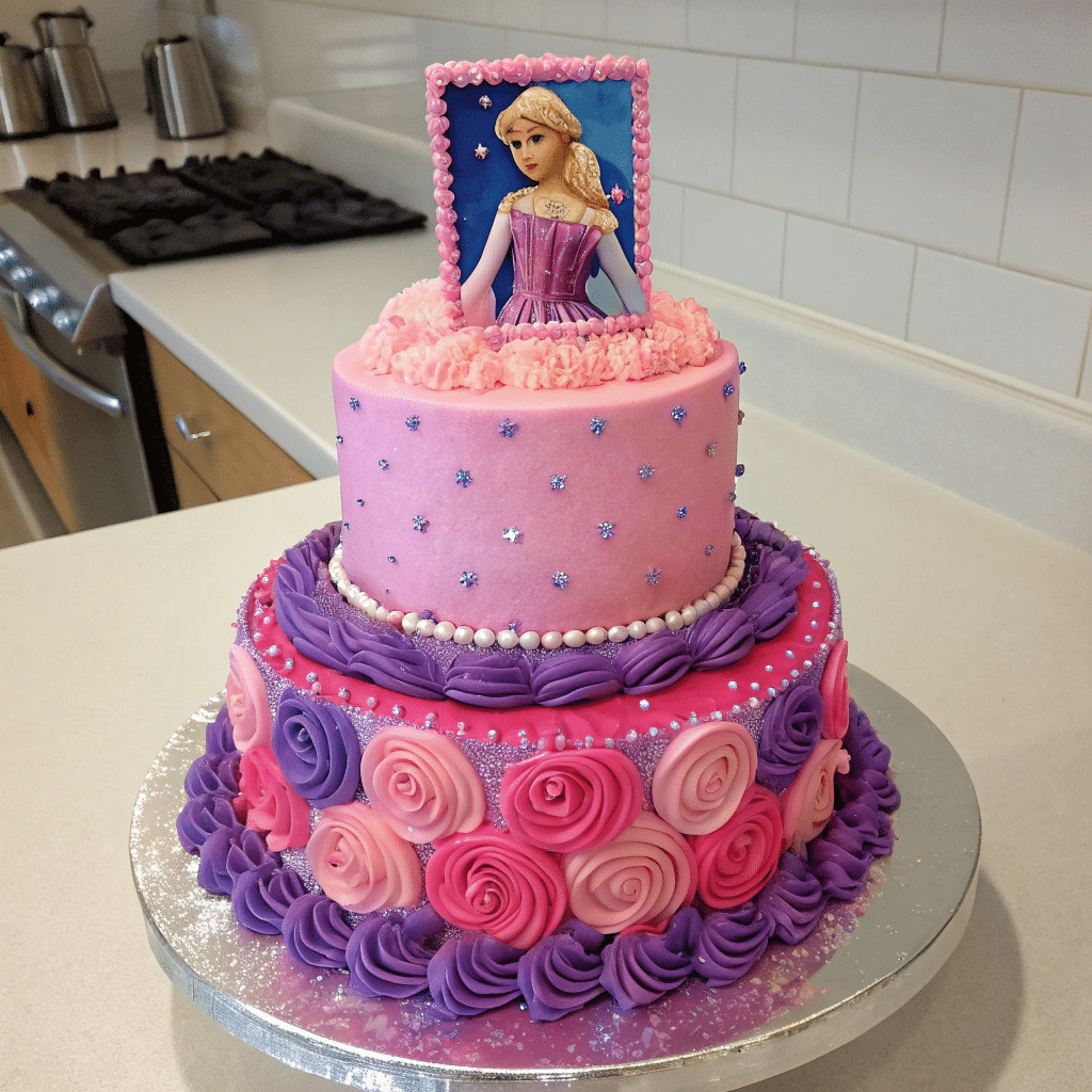 Two-tier Barbie cake in pink and purple with fondant rosettes, pearl borders, and a framed Barbie figure topper, decorated with star accents.