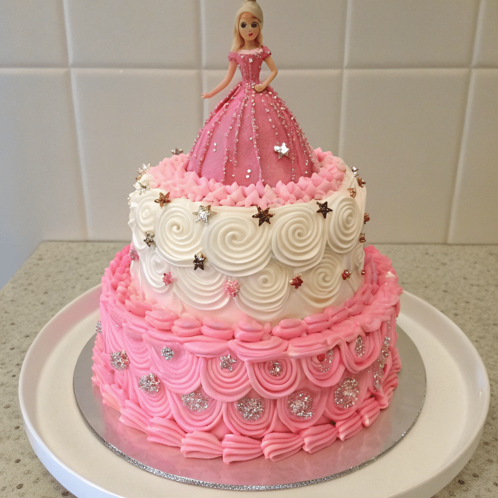 Two-tier Barbie cake with a pink fondant gown and white and pink piped rosettes, decorated with sparkling stars and glittery accents.