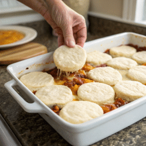 Biscuit topping on chicken pot pie casserole