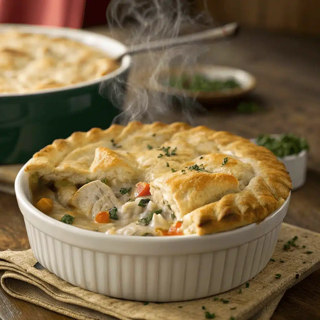 Steaming chicken pot pie casserole in a white ramekin, topped with golden, flaky crust and garnished with fresh herbs, with a portion cut out to reveal creamy chicken and vegetables inside.